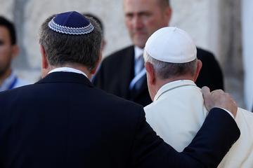 Photo courtesy  Paul Haring/CNS  -  May 26, 2014: Pope Francis walks with Argentine Rabbi Abraham Skorka, left, and Omar Abboud, a Muslim leader from Argentina, as he leaves after praying at the Western Wall in Jerusalem. 